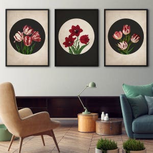 Botanical print set, Tulips – Botanical print, Kitchen art, Botanical set, Vintage botanical prints, Tulip prints, Red flowers, Wall art