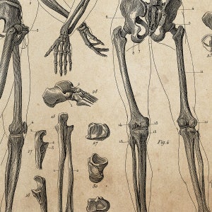 Op de afbeelding: Een gedetailleerde anatomische illustratie van het menselijk skelet, met de nadruk op de botten van de benen en armen. De afbeelding toont verschillende botten, waaronder het dijbeen, scheenbeen, kuitbeen, opperarmbeen, spaakbeen en ellepijp. De botten zijn genummerd en de afbeelding bevat de ondertitel "Fig. 4".