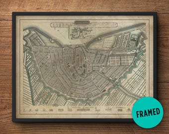 Amsterdam Map, Framed print, Old Amsterdam map, Antique map, Large Map of Amsterdam, Weathered map, Above Bed Decor, World Cities, Vintage