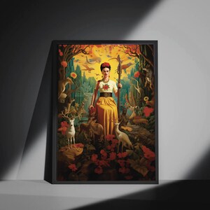 Pôster de Frida Kahlo - floresta, selvagem, animais, bosques, veado, rena, natureza, pôster floral