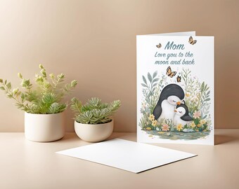 Carte pingouin fête des mères|Carte mignonne maman pingouin|Cadeau drôle d'amant de renard| Carte de voeux pour la fête des mères sur le thème des pingouins | illustration