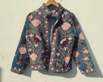 Reversible Velvet Cotton Floral Embroidered Jacket – Bohemian Style Outerwear