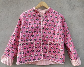 Cotton Women's Quilted Jacket Block Printed  , Coats ,New Style, Boho, Short Pink Leaf Red  Stripe Piping With Pockets