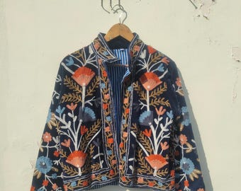 Velvet Suzani Embroidered Jacket: Bohemian Artisanal Coat