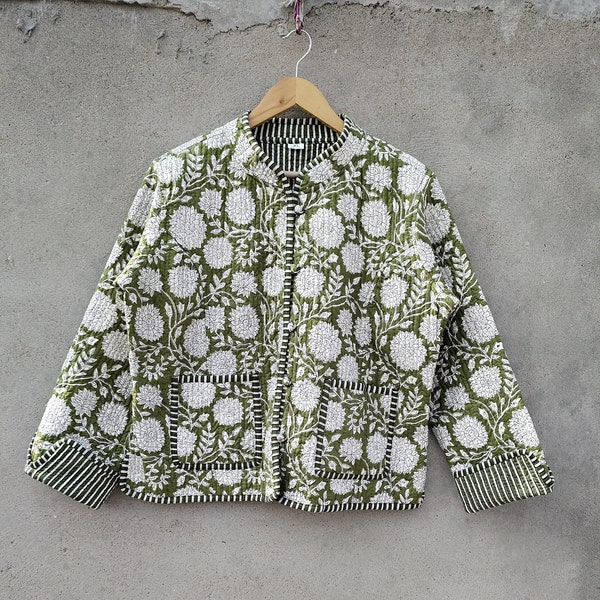 Beautiful Indian Hand Block Print Work Quilted Jacket , Coats ,New Style, Boho, Cotton Jacket Short  Green Leaf Black Stripe Piping