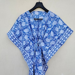 Blue Floral Block Print Cotton Kaftan: Indian Resort Wear