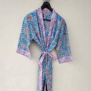 Bata kimono de algodón con estampado a mano: bata india floral