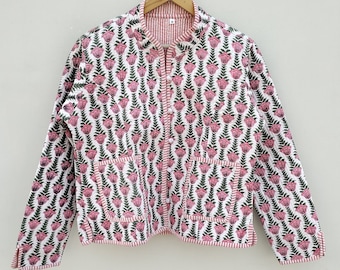 Reversible hand block print cotton quilted jacket coat Jacket, Cotton Sari Kantha Coat, Short Jacket