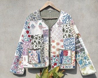 Indian Handmade patchwork Vintage Quilted Jacket Coats ,New Style, Boho, Cotton Jacket Short White Leaf Black Stripe Piping