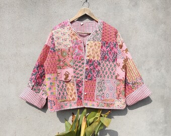 Jaipuri Handmade Vintage Quilted Jacket , Coats ,New Style, Boho, Cotton Jacket Short Pink Leaf Patch Work Pocket Stripe Piping