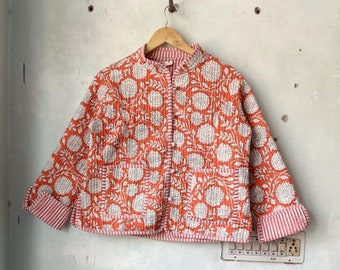 Hand Block Print Quilted Kimono Jacket: Vintage Indian Cotton Boho Coat
