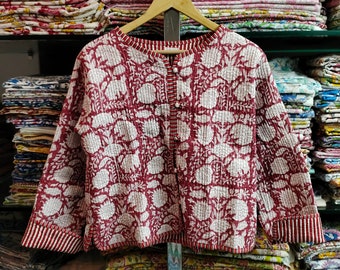 Handmade Indian Quilted Cotton Jacket: Red Leaf Print Boho Coat