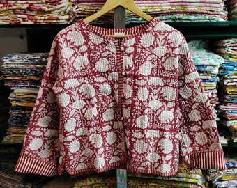 Veste matelassée vintage indienne faite à la main, manteaux, nouveau style, Boho, veste en coton courte passepoil à rayures de feuilles rouges