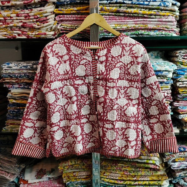 Indian Handmade Vintage Quilted Jacket , Coats ,New Style, Boho, Cotton Jacket Short Red Leaf Stripe Piping