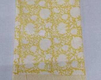 Yellow Mustered Floral Block Print Tablecloth: Indian Cotton Table Linen