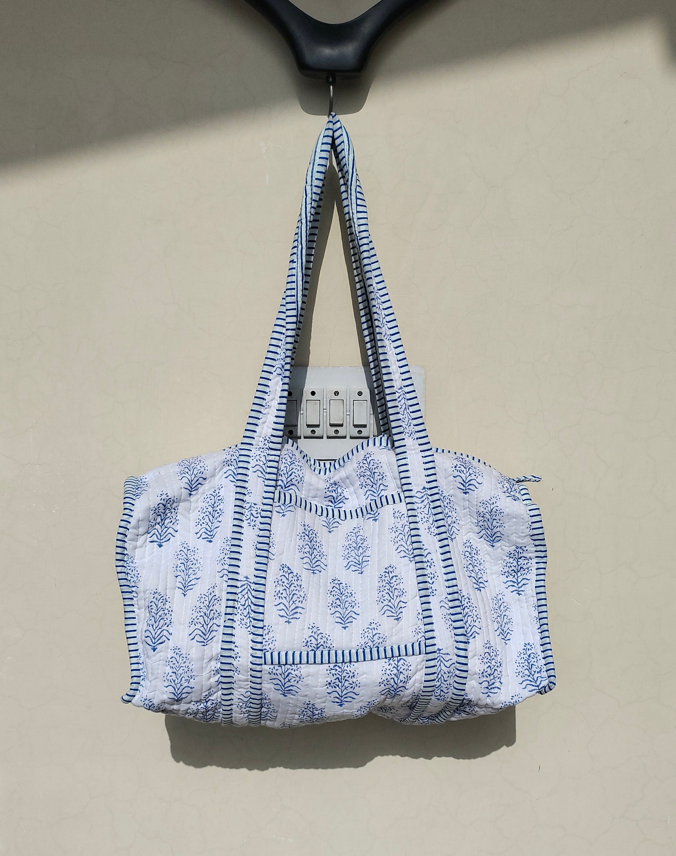 Large Cotton Weekender Travel Bag, Handmade Quilted Fabric Duffle Bag, Block Printed Overnight Bags, Hand Luggage Bag, Bags for Women