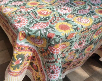 Mantel vintage de algodón con estampado de bloques: Cubremesas floral estilo bohemio
