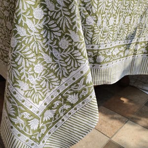 Hand Block Printed Cotton Tablecloth: Burnt Grey & Olive Green Floral