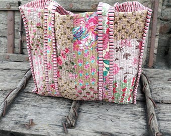 Handmade Cotton Quilted Tote Bag: Floral Patchwork Travel Shopping Bag