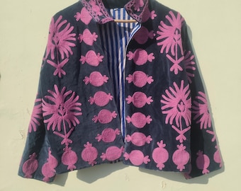 Handmade Cotton Velvet Quilted Jacket: Bohemian Kantha Coat