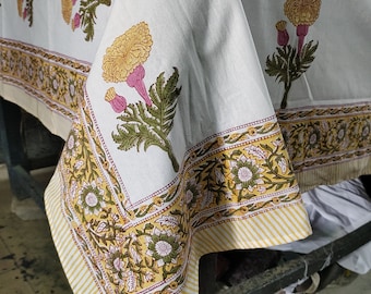 Vintage Floral Cotton Tablecloth: Hand Block Print Boho Table Cover