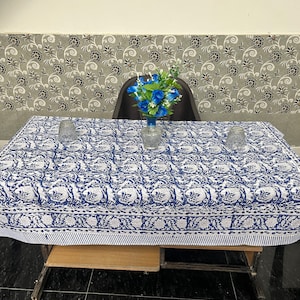 Blue Floral Hand Block Printed Cotton Tablecloth: Farmhouse Dining Cover