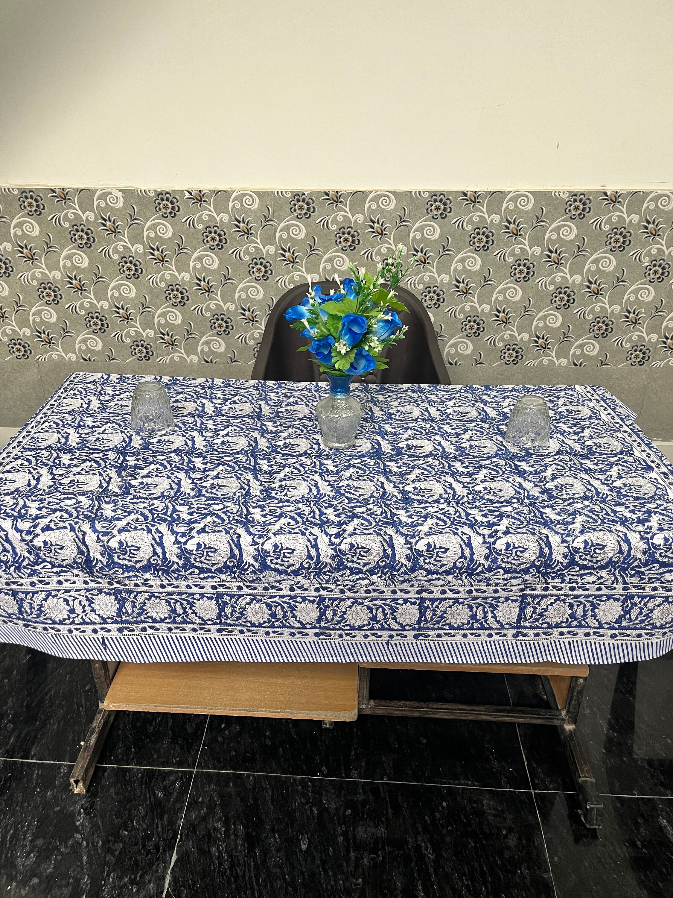 Blue And Animal Figure Hand Block Printed Cotton Tablecloth Dining Table Cover Farmhouse Party Wedding Home Housewarming Baby