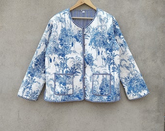 Indiase handgemaakte patchwork Vintage gewatteerde jas, jassen, nieuwe stijl, Boho, katoenen jas korte Sky Leaf Blue Stripe Piping