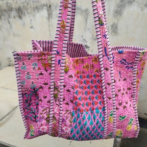 Rosa gestreifte Tragetasche für Frauen - Extragroße Tragetasche - Strandtasche mit Blockprint - Boho Sommertasche - Gesteppte Tasche