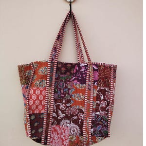 Patchwork Print Cotton Tote Bag Eco Friendly Sustainable Sturdy Grocery Shopping Tote Bag Handmade Boho Bag Quilted Tote Bag Market Bag