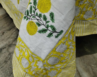 Floral Block Printed Cotton Tablecloth: Boho Dining Table Cover