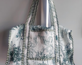 Handmade Block Printed Quilted Cotton Duffle Bag, Weekender Travel Bag