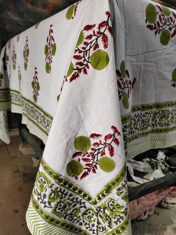 Hand Block Printed Cotton Tablecloth: Burnt Red & Olive Green Floral