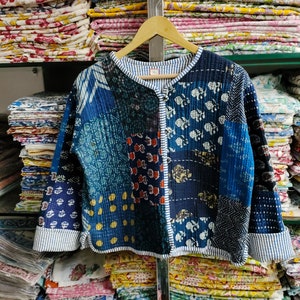 Indian Handmade Vintage Quilted Jacket , Coats ,New Style, Boho, Cotton Jacket Short Blue Leaf Black Stripe Piping image 1