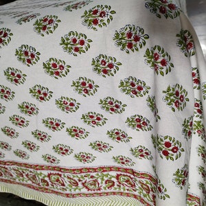 Burnt Red, Olive Green Floral Indian Hand Block Printed Rectangle Tablecloth, Cotton Table Cover, Housewarming Gifts, French Tablecloth
