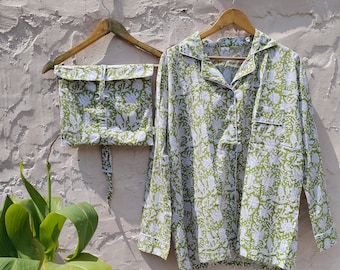 Floral Hand Block Print Cotton Pajamas Set: Indian Night Suit