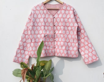 Indian Block Print Quilted Jacket, Handmade Women Wear Pink Flower Reversible Bohemian Jacket Gift For Her Cotton Jackets Coat