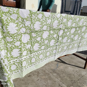 Hand Block Print Cotton Tablecloth: Prussian Green Floral Border