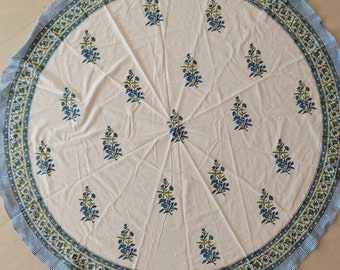 Hand Block Print Cotton Round Tablecloth: Sky Blue Floral