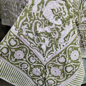 Hand Block Printed Cotton Tablecloth: Light Green Animal Print