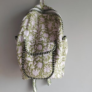 Light Green Floral Block Print Quilted Cotton Backpack, Boho Rucksack, Laptop Travel Bag
