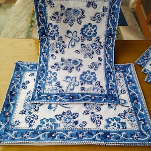 Set di 6 tovagliette con stampa a blocchi - Tovagliette Boho Tovagliette in tela di cotone - Tovagliette con stampa a blocchi - Tovagliette con stampa floreale per matrimonio - Blu e bianco