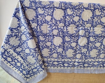 Vintage Floral Cotton Tablecloth: Blue Print Hand Block Boho Table Cover