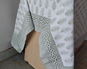 Green Floral Hand Block Printed Cotton Tablecloth: Indian Linen Cover