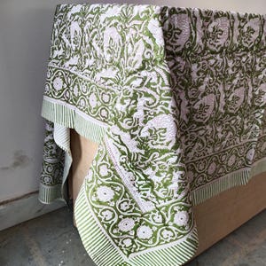 Hand Block Print Cotton Tablecloth: Dark Moss Green Floral Farmhouse Decor