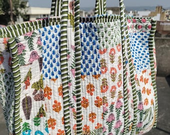 Quilted Patchwork Cotton Tote Bag: Reversible Boho Shopping Bag