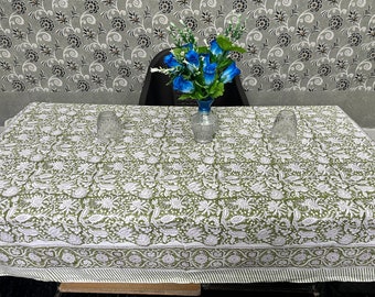 Grüne Tischdecke mit Blockdruck, florale Tischdekoration, Tischläufer, Matten, Servietten-Set, Tischdecke, rechteckige Tischdecke