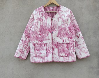 Veste à col matelassée rose et blanche pour femmes avec passepoil à rayures Veste matelassée vintage faite à la main, manteaux, nouveau style, vêtements bohèmes double face,