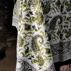 Hand Block Printed Cotton Tablecloth: Burnt Grey, Olive Green Floral
