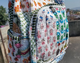Handmade Block Printed Quilted Cotton Backpack: Bohemian Indian Tote